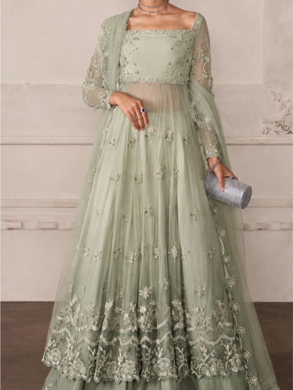 AYESHA AND USMAN Elegant Sage Green Embellished Evening Dress